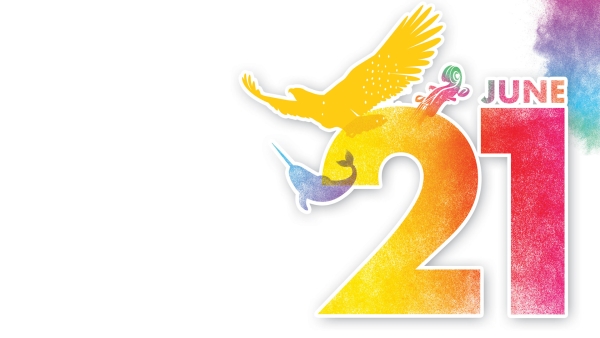 "June 21" There are three images next to the date: an eagle, a narwhal, and a violin. The eagle represents First Nations. The narwhal represents Inuit. The violin represents Métis.