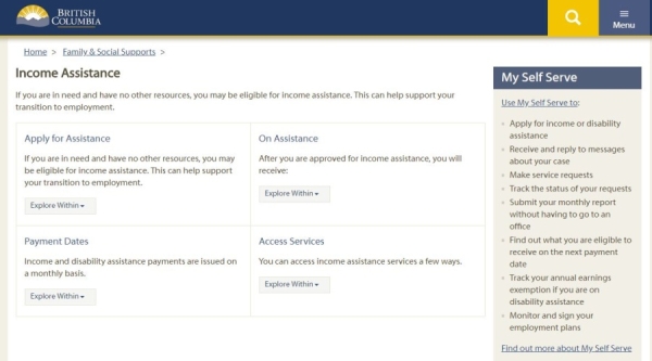 Screenshot of Income Assistance Website