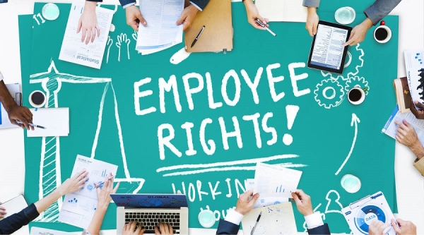 Employee rights text surrounded by hands on a table