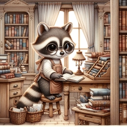 A racoon in a library setting