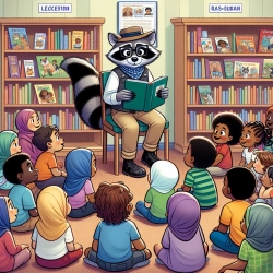 Racoon doing a story time for small children