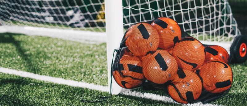Soccer balls beside a net